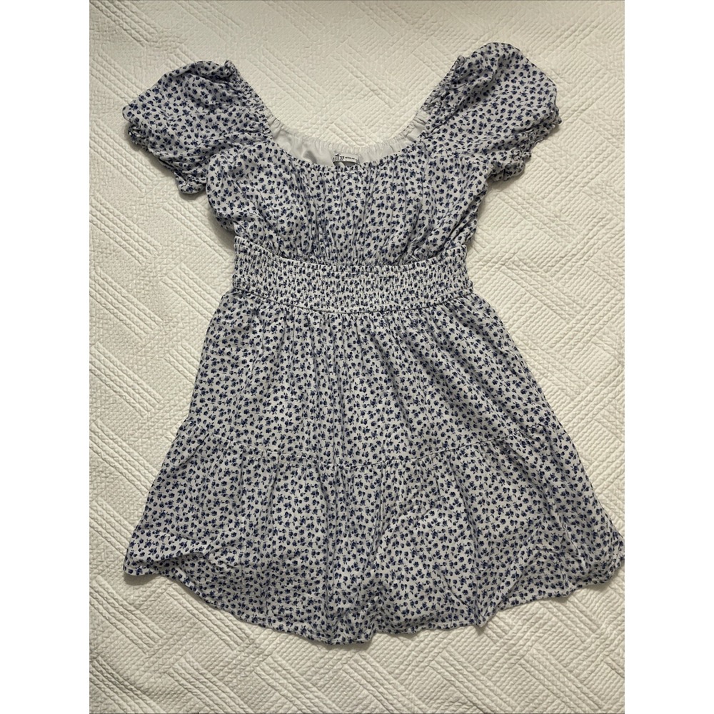 Hollister Babydoll Tiered Dress L Floral White Blue Fairy Coquette Cottage Lined